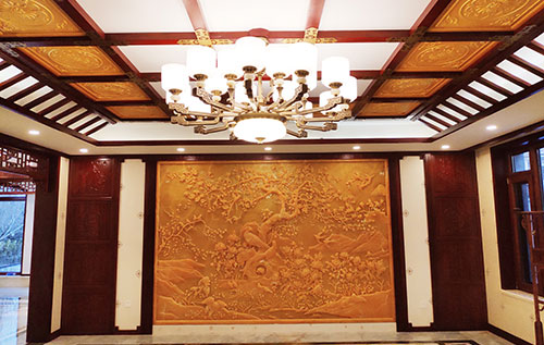 石狮中式别墅客厅中式木作横梁吊顶装饰展示